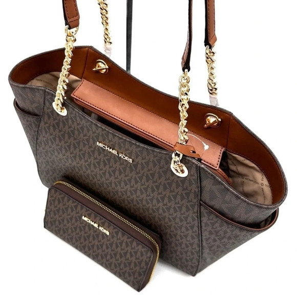 Michael Kors Large Jet Set Travel Chain Shoulder Bag & Double Zip Wallet Brown - Picture 11 of 14